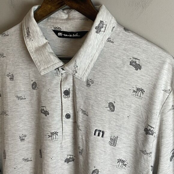 TRAVIS MATHEW Mens Gray All Over Print Polo Short Sleeve Shirt Size XXL Golf - Picture 2 of 9